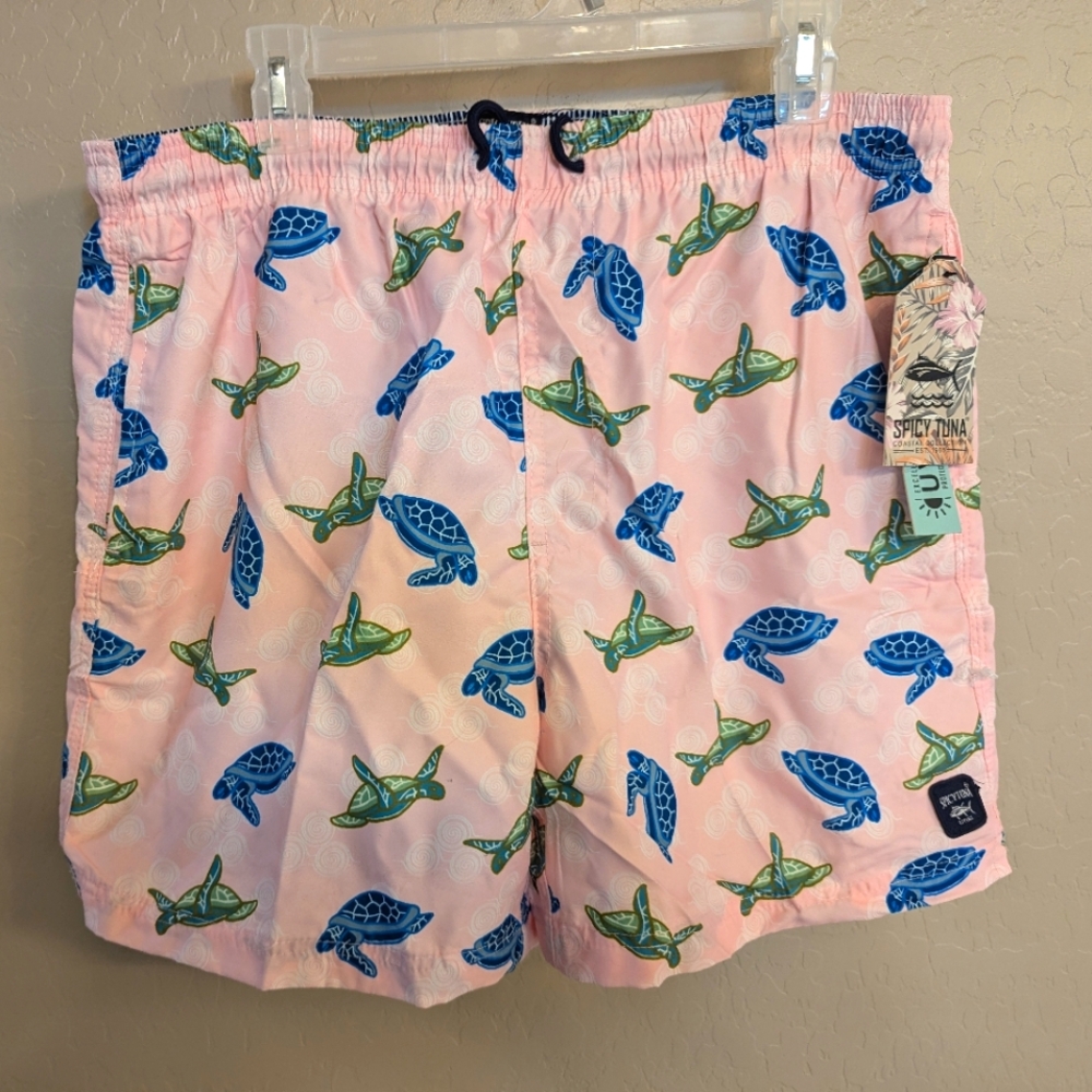 NWT Spicy Tuna Turtles Swim Trunks Board Shorts Mens L w/ Waist Cord and Elastic